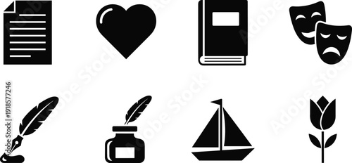 Literature and creative arts icon set featuring books writing theater love sailing and poetry symbols in solid black vector style