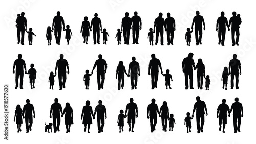 Diverse group of people silhouettes in various poses and outfits isolated on white background, Vector