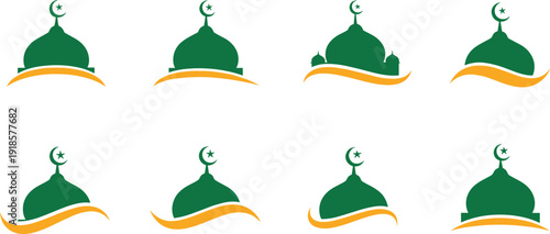 Islamic mosque logo set with crescent moon and flowing wave elements for Ramadan Eid and religious branding design