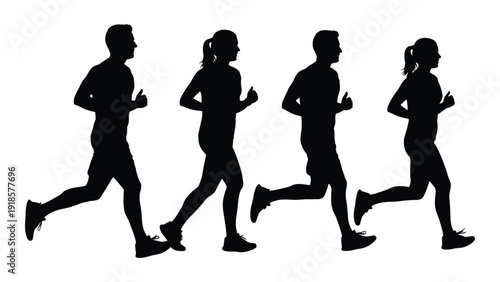 Four people running together in a line on a neutral background isolated on white background, Vector