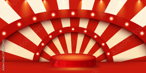 Red retro radial striped background with podium, illuminated stage arches, empty space. Vintage design for poster template,magic show,theatre,attractions,carnival events. Vertical vector illustration