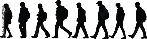 Silhouette sequence of man walking with backpack and cap, isolated black figures showing human gait motion progression for animation, study, and stock illustration