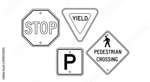 Collection of Traffic Signs: Stop, Yield, Parking, Pedestrian Crossing