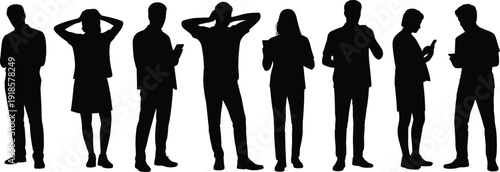 Silhouettes of eight individuals standing in a row, each with distinct posture and attire, symbolizing diversity, technology use, casual and professional body language representation