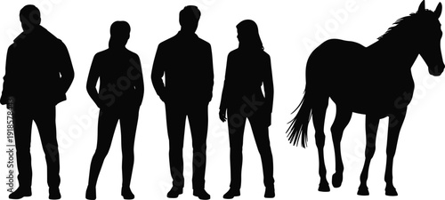 Silhouettes of four standing human figures and one horse, highlighting contrast between people and animal forms, diversity, posture, and symbolic representation in art