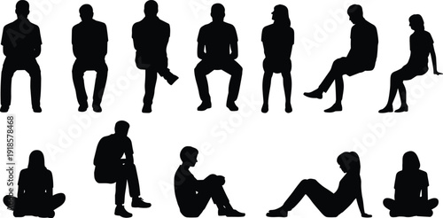 Collection of twelve seated people silhouettes in diverse sitting postures on chairs and ground, perfect for design, ergonomics, illustration, and creative projects