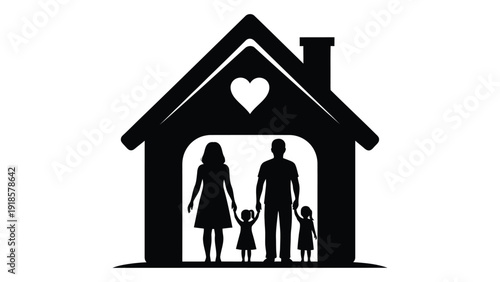 A heartwarming depiction of a family standing in front of their home isolated on white background, Vector
