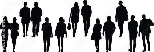 Silhouettes of twelve individuals standing and walking in various poses, symbolizing social interaction, diversity,  public movement, and anonymous human representation in urban lifestyle