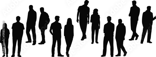Silhouettes of twelve diverse people standing in various poses, facing different directions, representing individuality, diversity, crowd analysis, social interaction, and human posture study