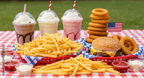 Wallpaper Mural American fast food feast with burgers fries onion rings and milkshakes on red checkered tablecloth in outdoor setting Torontodigital.ca