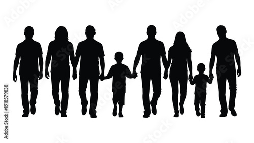 Silhouette of a diverse family holding hands together in unity and love isolated on white background, Vector