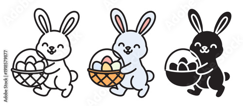 Easter bunny icon set with egg basket. Linear editable stroke, color filled, and solid silhouette styles. Minimalist spring holiday vector. Clean flat design isolated on white.