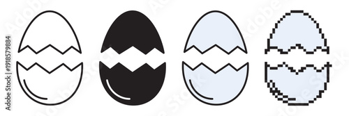Cracked eggshell icon set: linear with editable stroke, solid, flat color, and pixel art styles. High-quality vector graphics for Easter themes. SEO-optimized and versatile.