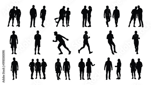 Silhouettes of people engaged in various activities and poses isolated on white background, Vector