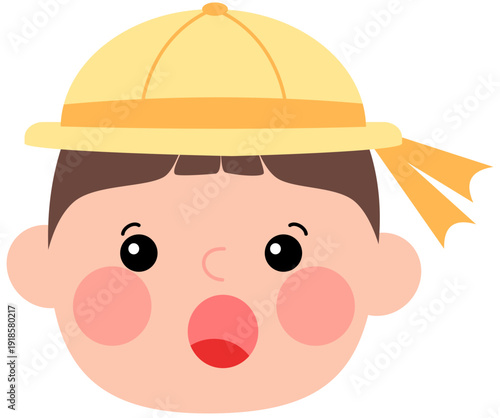 Cute cartoon boy in yellow hat with surprised open mouth expression