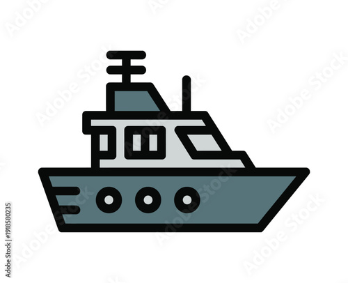 Simple cartoon illustration of a modern yacht or luxury boat with a cabin and antenna, depicted in a flat design style.