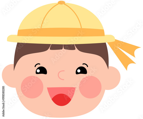 Cheerful cartoon boy in yellow hat laughing with rosy cheeks