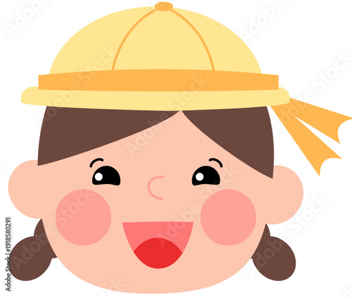 Cute cartoon girl in yellow hat smiling happily with rosy cheeks