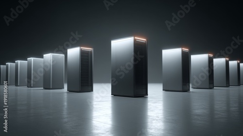 Modern data server units illuminated in a row