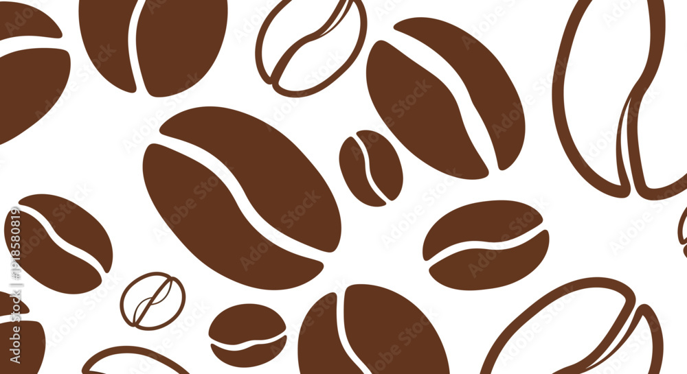 Obraz premium Brown coffee beans scattered on white background.