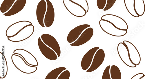 Seamless pattern of brown and white coffee beans on white background.