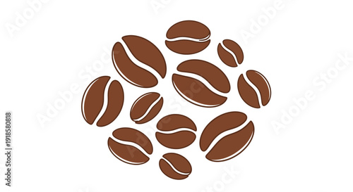 Brown coffee beans scattered in a circular pattern on a white background.