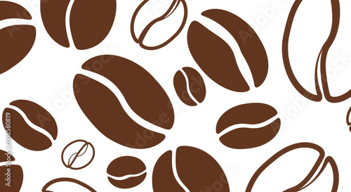 Brown coffee beans scattered on white background.