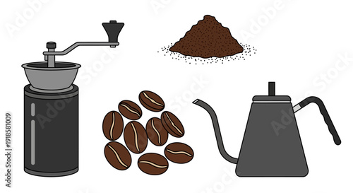 Coffee beans and coffee grinder and coffee maker illustration.