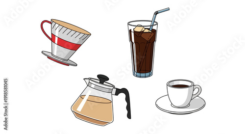 Assorted coffee cups and coffee maker on a white background.