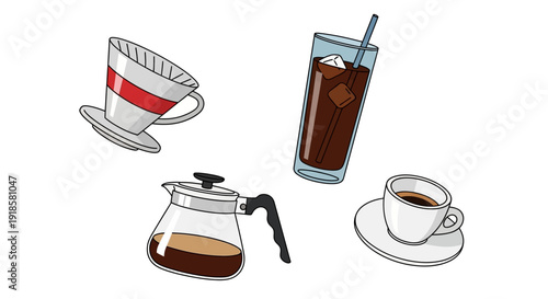 Assorted coffee cups and coffee maker illustration.