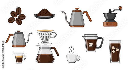 Coffee beans and various coffee brewing equipment and beverages.