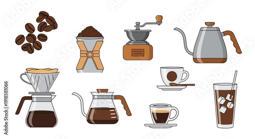 Assorted Coffee Makers and Beverages in Various Styles.