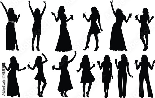 Black silhouettes of elegant women dancing and holding cocktails at a party, diverse female friends celebrating nightlife event, isolated set on white background