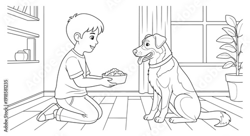 Boy Feeding a Dog Food.