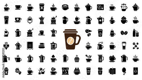 Large set of coffee icons and cafe symbols in flat solid style.
