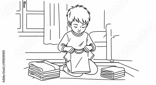 Boy folding stack of paper sheets.
