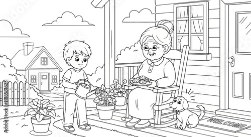 Elderly woman and young boy gardening.