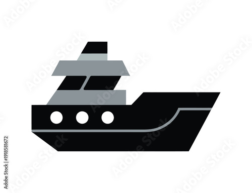 Stylized black and grey yacht illustration with portholes on a white background, representing luxury water transport.