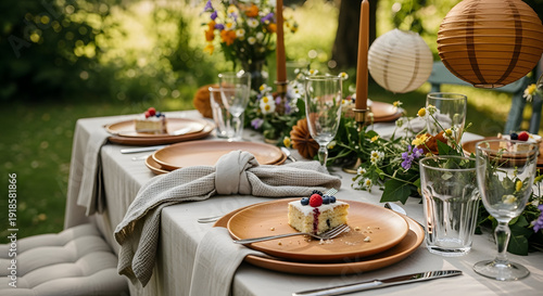 A beautifully arranged outdoor dining table in a lush garden featuring elegant wooden plates, fresh wildflower centerpieces, and decorative paper lanterns for a summer celebration.