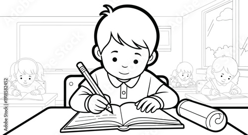 Young boy writing in book.