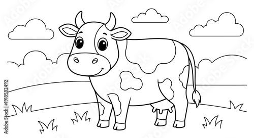 Cartoon cow with spots standing alone.