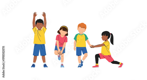 Four diverse children performing various exercises and stretches, including arm raises, balancing, and lunges, promoting physical activity and healthy habits.