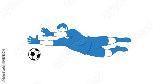 Blue silhouette of a soccer goalkeeper diving horizontally to save a football, isolated on a clean white background.