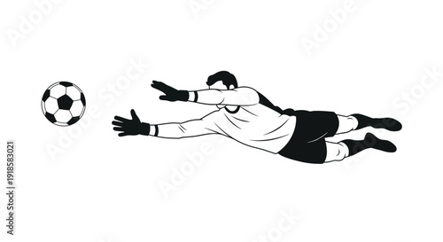 Black and white illustration of a soccer goalkeeper diving horizontally to block a football.