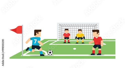 Pixelated illustration of a soccer player taking a corner kick on a green field with a goal and other players.