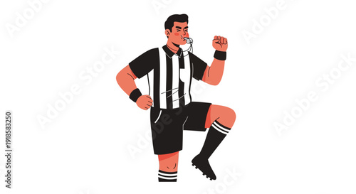 Flat illustration of a male soccer referee in a striped uniform blowing a whistle during a game, making a call with one leg raised.