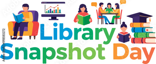Celebrate Library Snapshot Day with this vibrant scene of students learning and growing in a modern library setting, surrounded by books, computers, and educational resources
