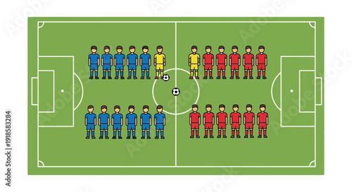 An overhead view of a green soccer field with two teams, one in blue and one in red, lined up with their goalkeepers and two soccer balls at the center.