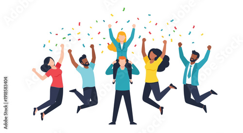 Diverse group of happy people celebrating success with confetti falling, showing teamwork and achievement.