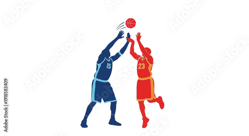 Two stylized basketball players in blue and red jerseys jumping to contest a basketball in mid-air, depicting a dynamic sports moment.